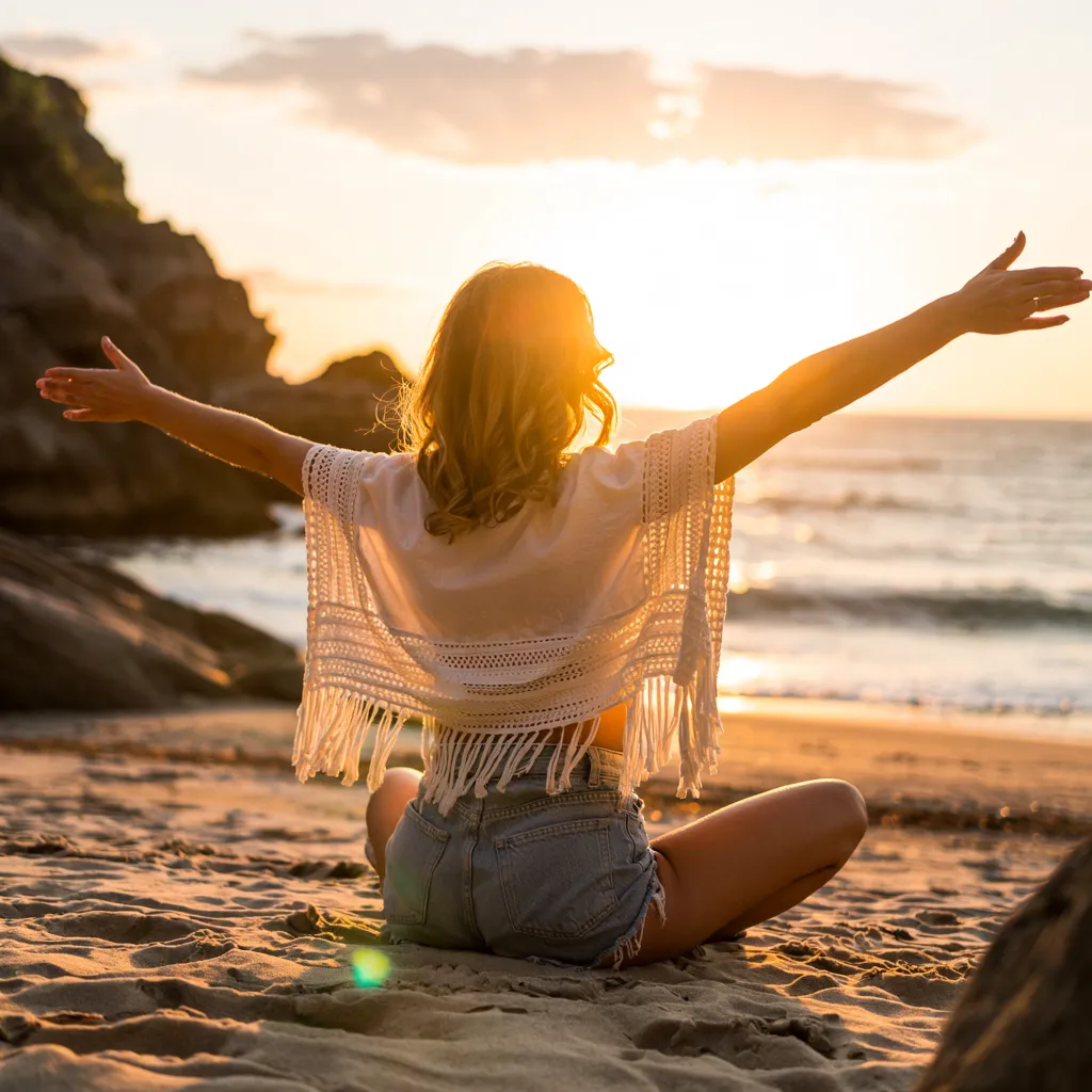 Fondo sereno de playa al atardecer representando paz y transformación espiritual para SAAMA 1.0 Online