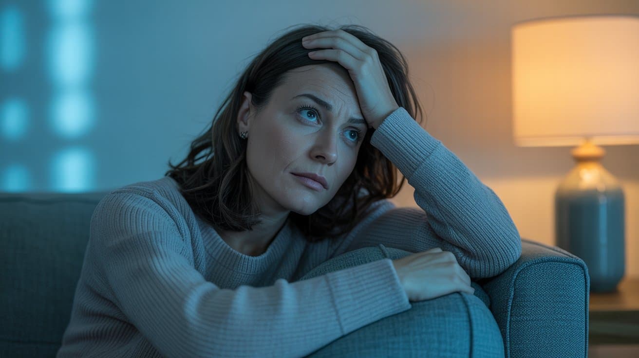 Persona despierta en el sofá por la noche: insomnio, mente activa y dificultad para desconectar, relacionado con estrés y patrones que se repiten.