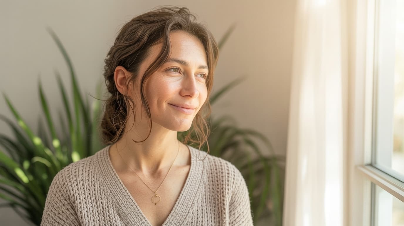 Persona de pie junto a una ventana con luz suave y clara: metáfora de claridad, pausa y cambio de perspectiva frente a patrones que se repiten.